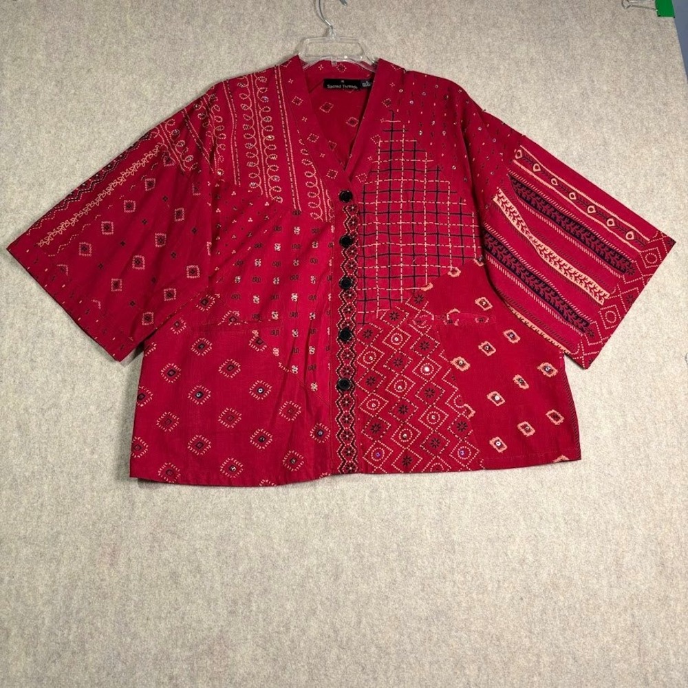 Sacred Threads Jacket Wmn M Red Cotton Patchwork Boho Kimono Festival Oversized
